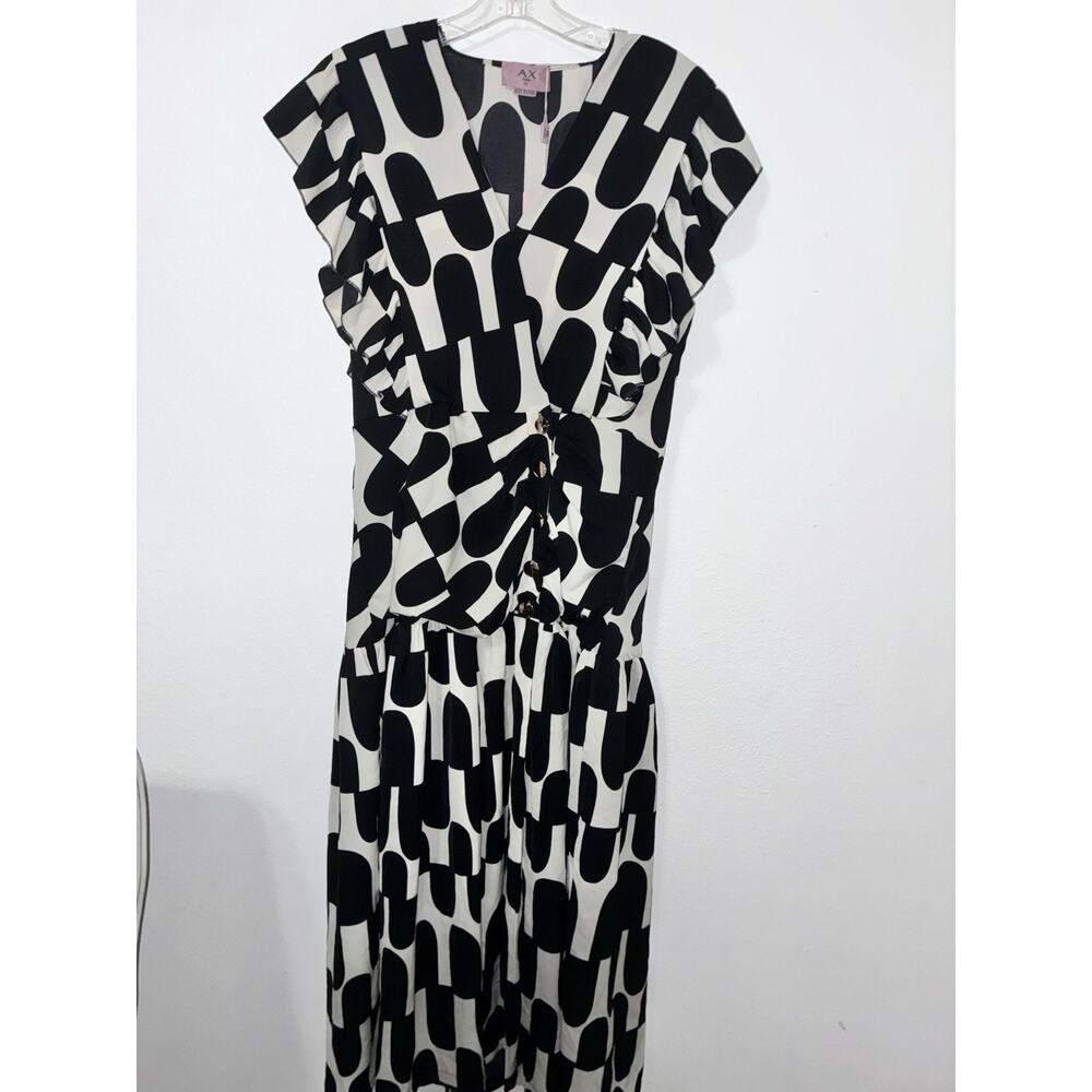 AX Paris Dress 14 Abstract Black Off White Large Slit Front Button Up - Picture 6 of 12